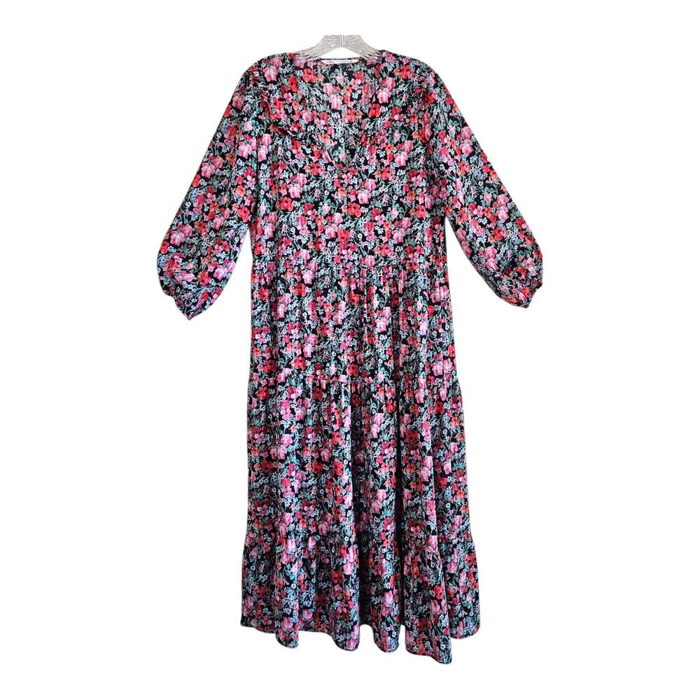 ZARA Women M Midi Dress Floral Red Pink Ruffle Balloon Sleeve Cottage Prairie